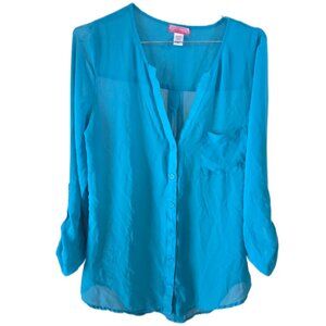 Six Degrees Teal Sheer Long Sleeve Button Down Blouse with Pocket